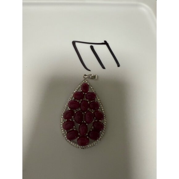 Lg Artisian Sterling Silver Teardrop Ruby Cluster Pendant CZ Accents Statement - Picture 8 of 8